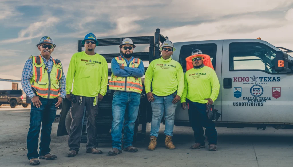 King of Texas commercial roofing crew standing in front of company work truck on job site.